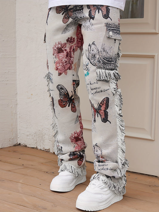 Butterfly Pattern & Raw Hem Design Vintage Street Loose Straight Leg Long Pants