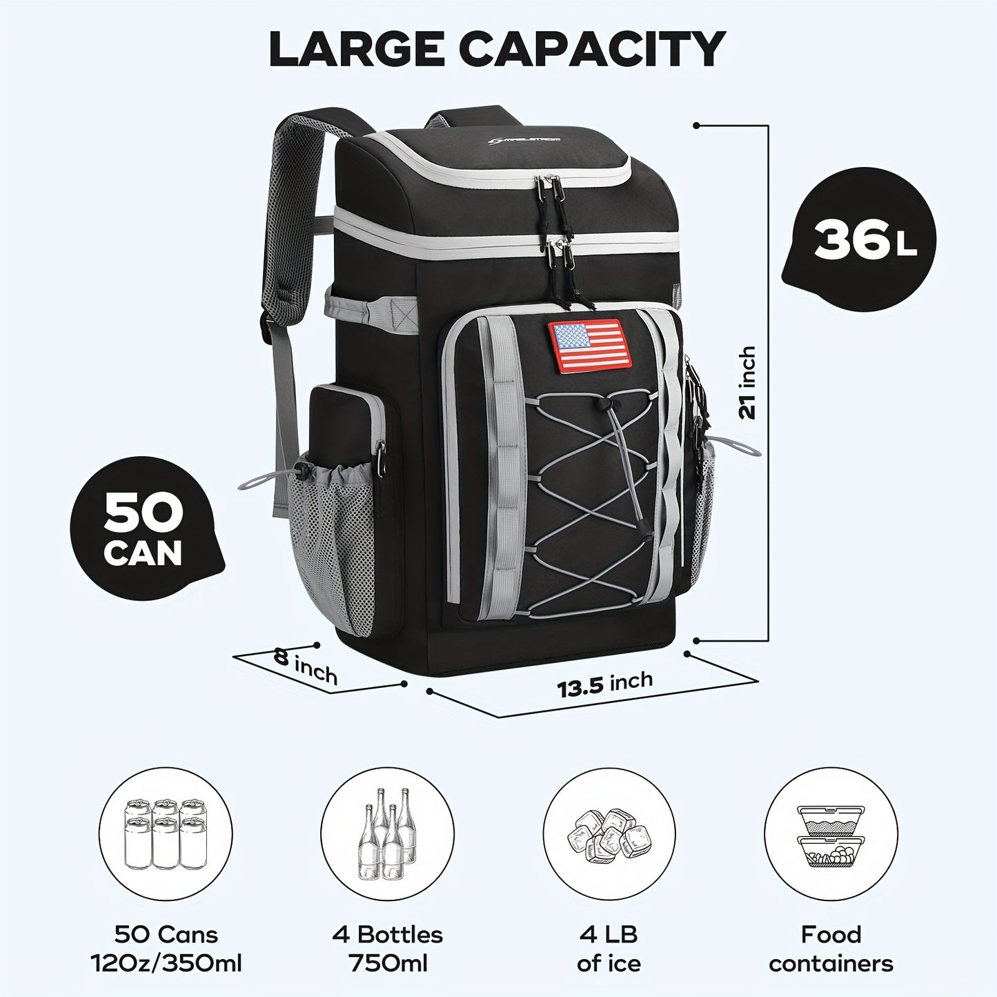 Cooler Backpack, 50 Can Insulated Soft Backpack Cooler, Portable Lightweight Leakproof Cooler Bag, Large Capacity Beach Cooler, Waterproof Lunch Backpack for Men & Women