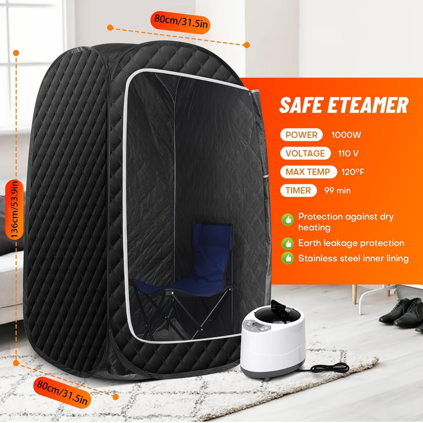 Portable Sauna for Home With 1000 Watt Steamer, Folding Chair, Remote Control