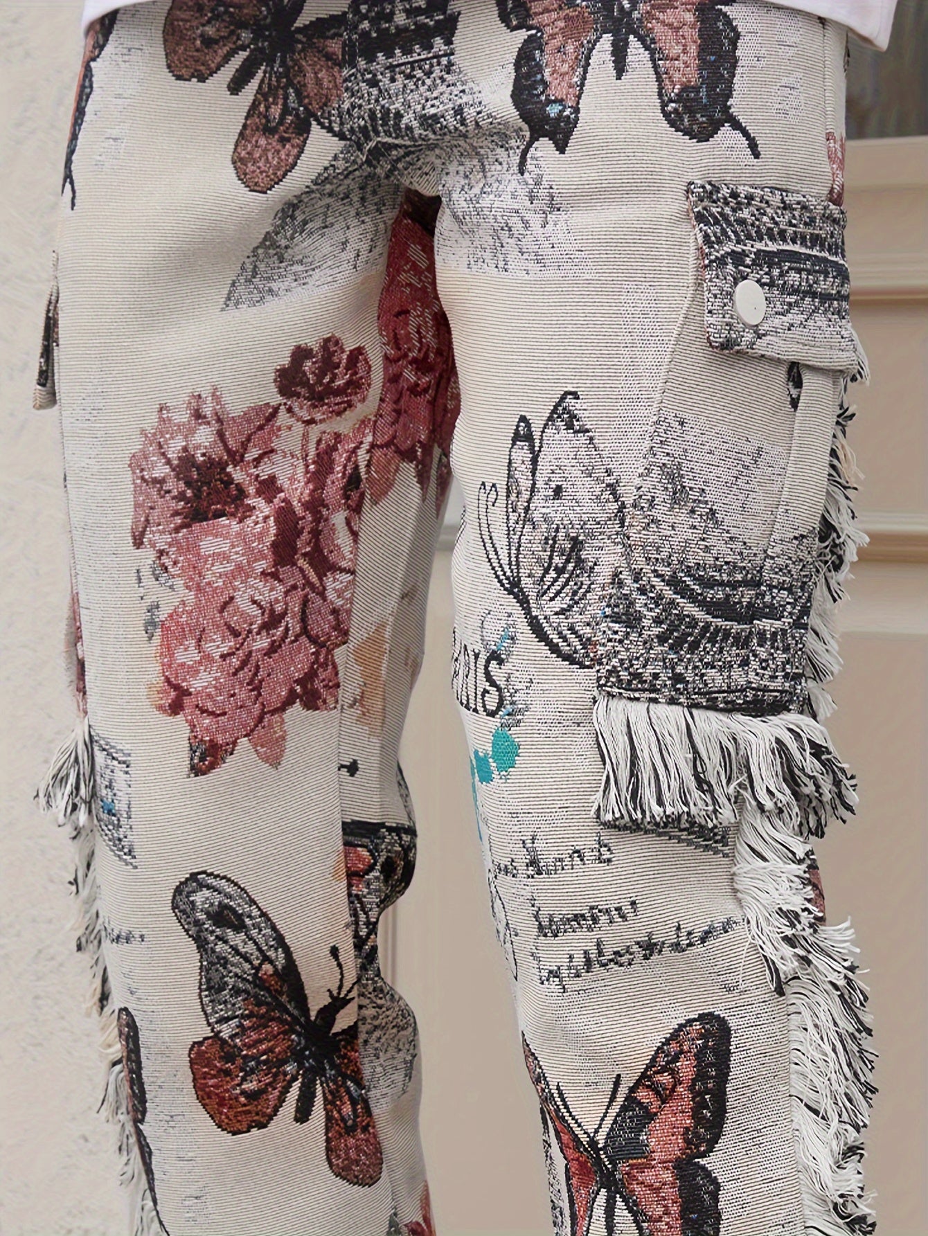 Butterfly Pattern & Raw Hem Design Vintage Street Loose Straight Leg Long Pants