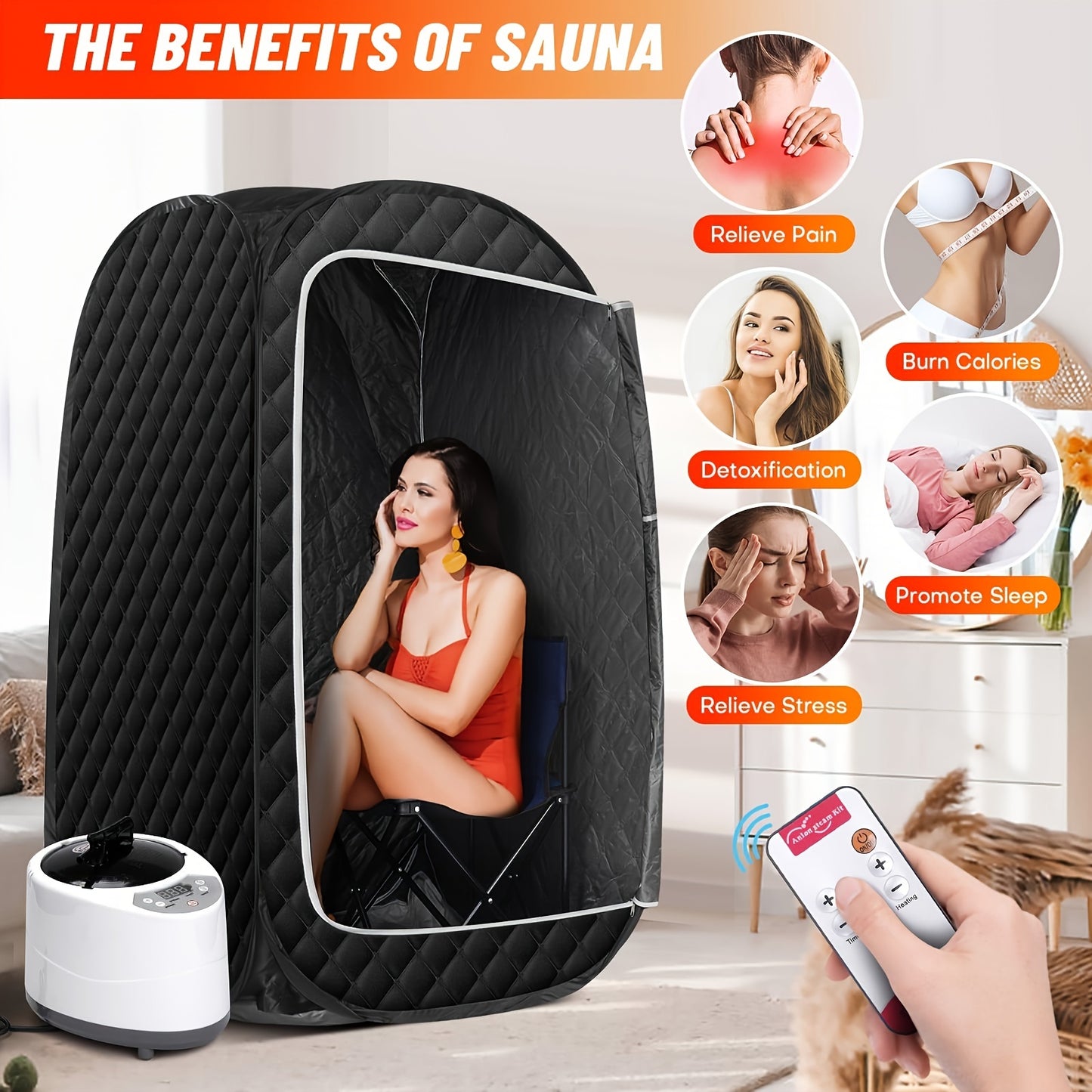 Portable Sauna for Home With 1000 Watt Steamer, Folding Chair, Remote Control