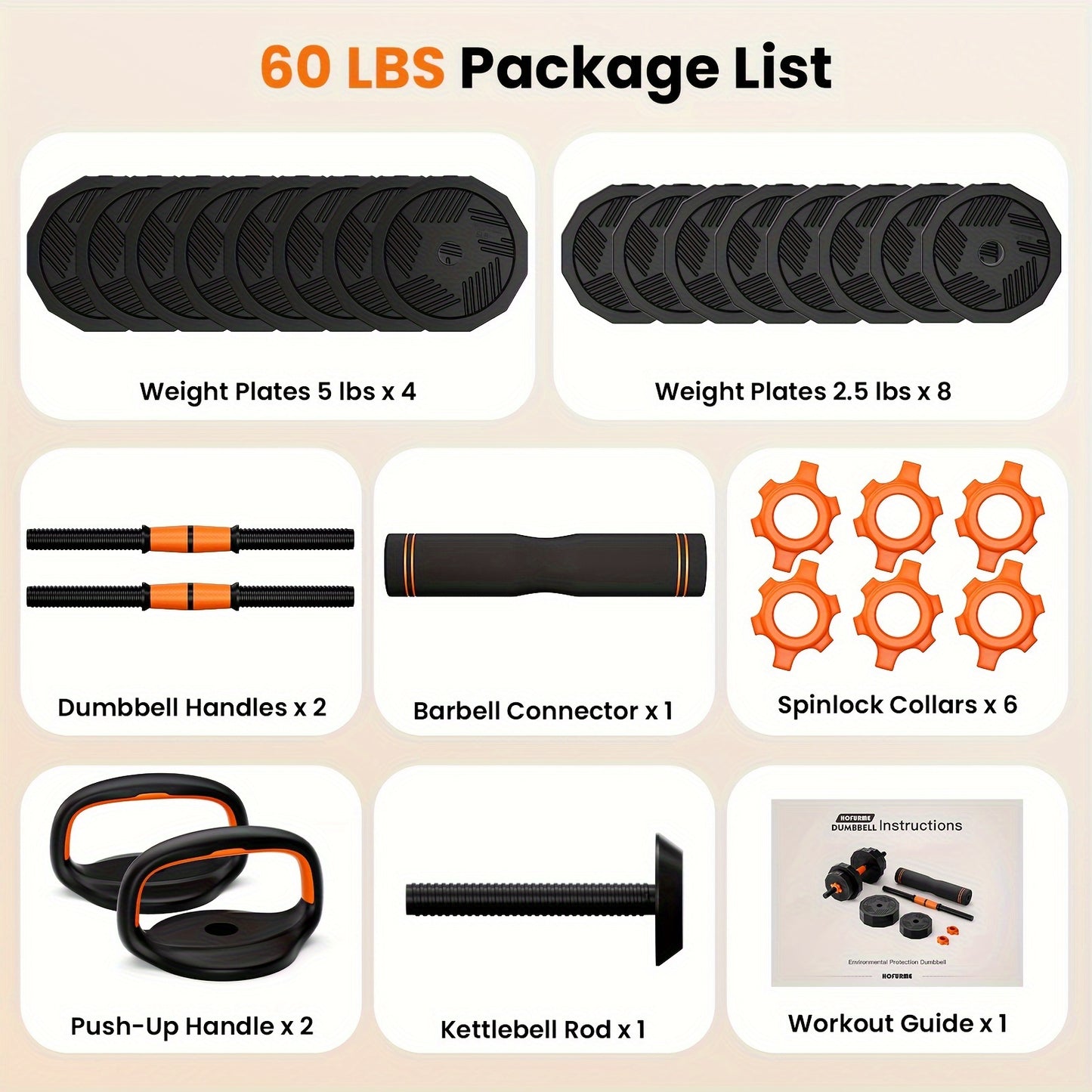 Adjustable Dumbbells 60lbs 4 in 1 Set with Connector Grips For Barbell, Kettlebells & Push up Use