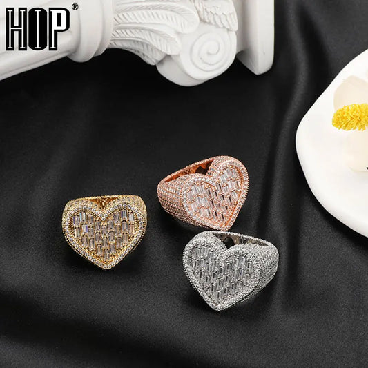 Hip Hop Iced Out Bling Charm Heart Baguette Ring