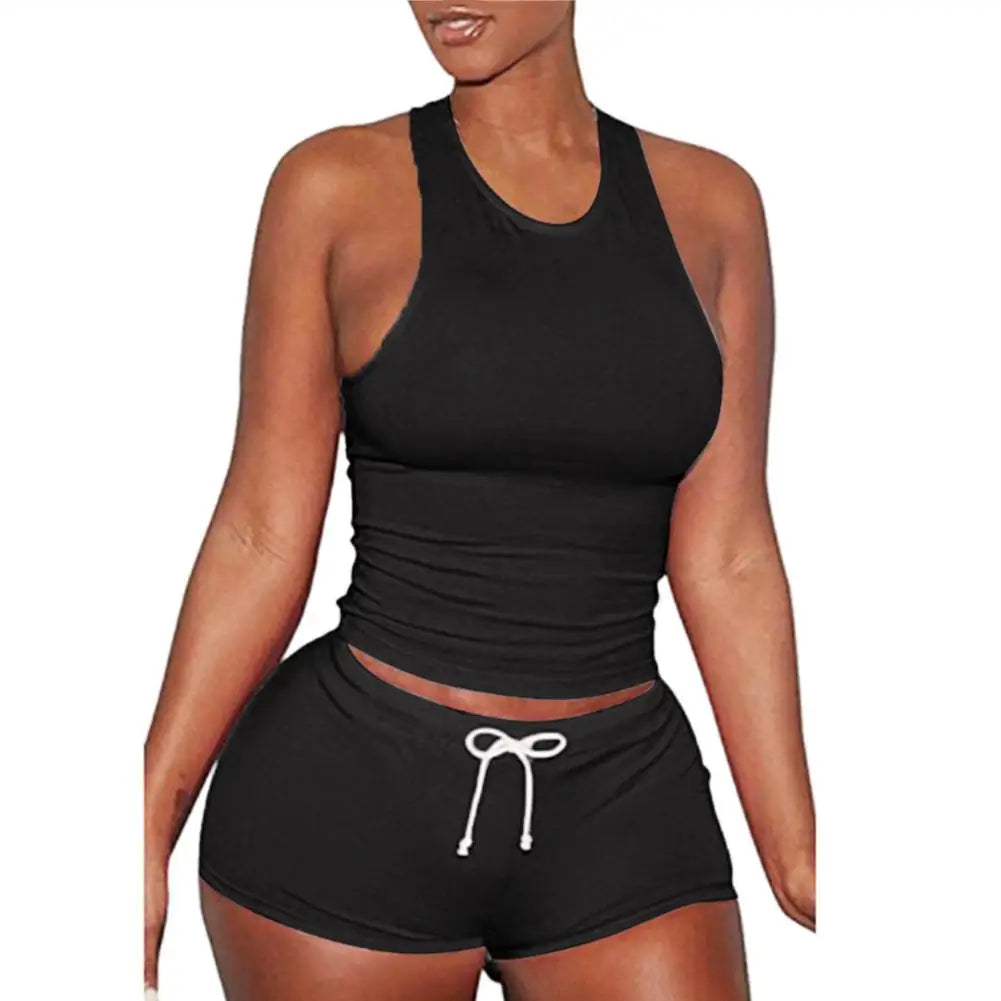 Two Piece Matching Set Women's Outfit Raceback TankTop With Drawstring Shorts