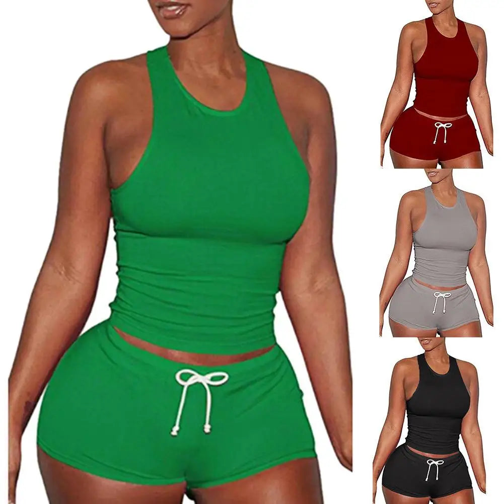 Two Piece Matching Set Women's Outfit Raceback TankTop With Drawstring Shorts