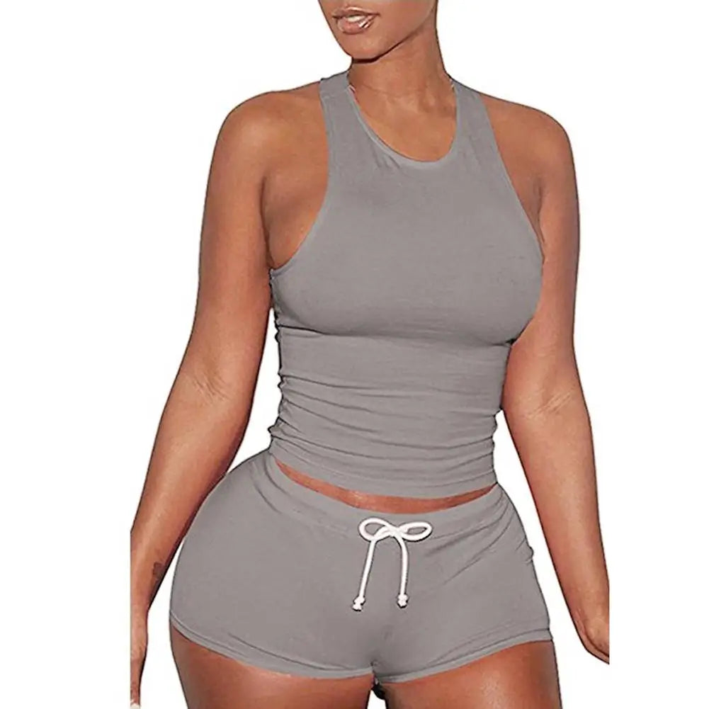 Two Piece Matching Set Women's Outfit Raceback TankTop With Drawstring Shorts