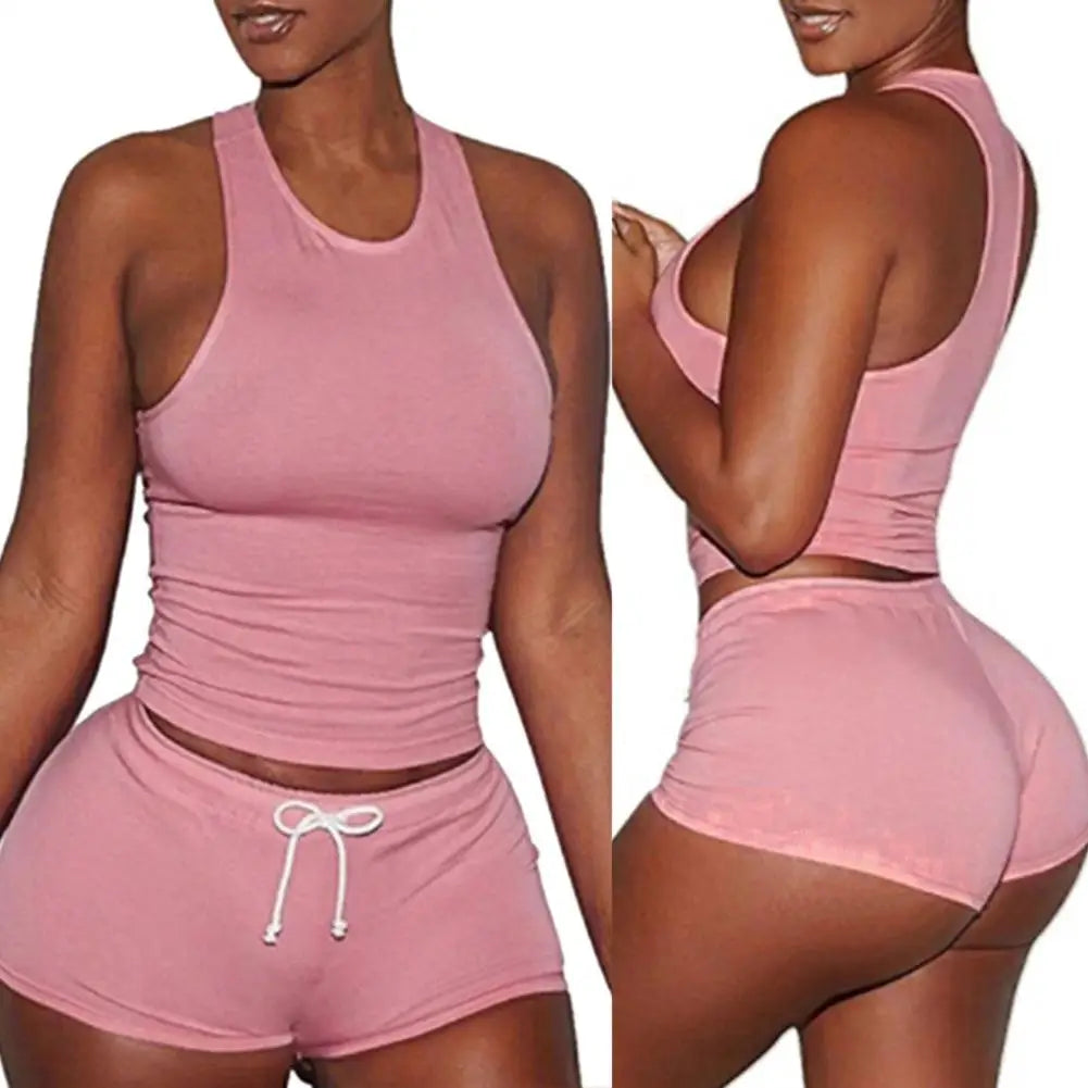 Two Piece Matching Set Women's Outfit Raceback TankTop With Drawstring Shorts