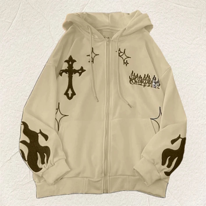 Hoodie Embroidered Cross Flame Print