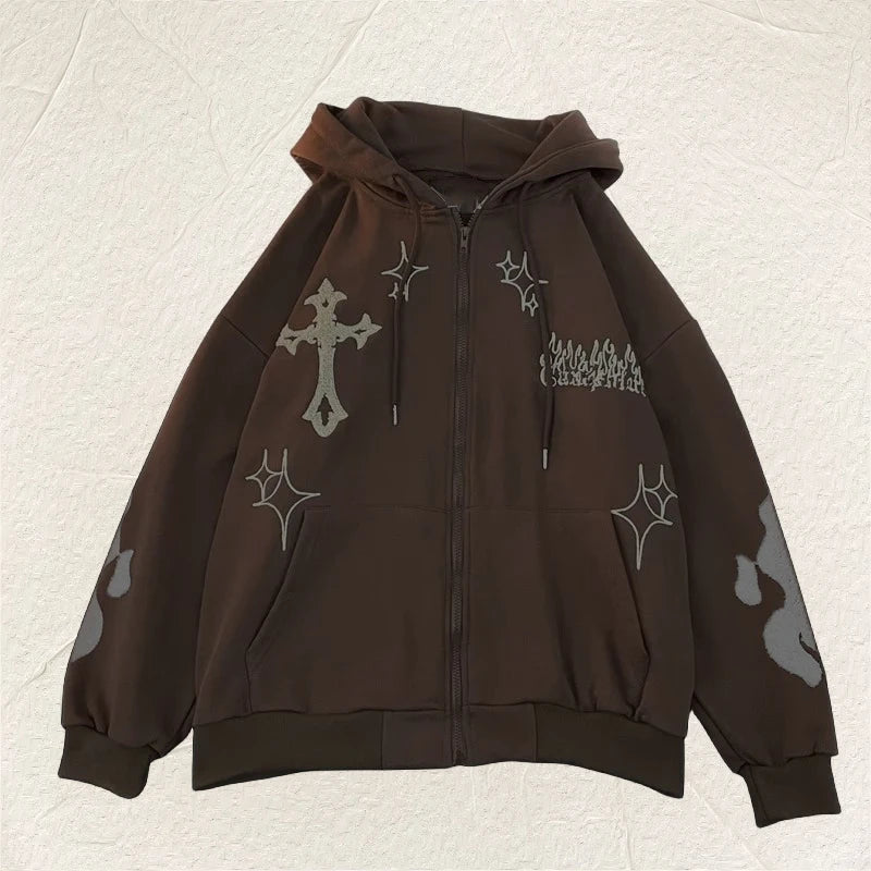 Hoodie Embroidered Cross Flame Print