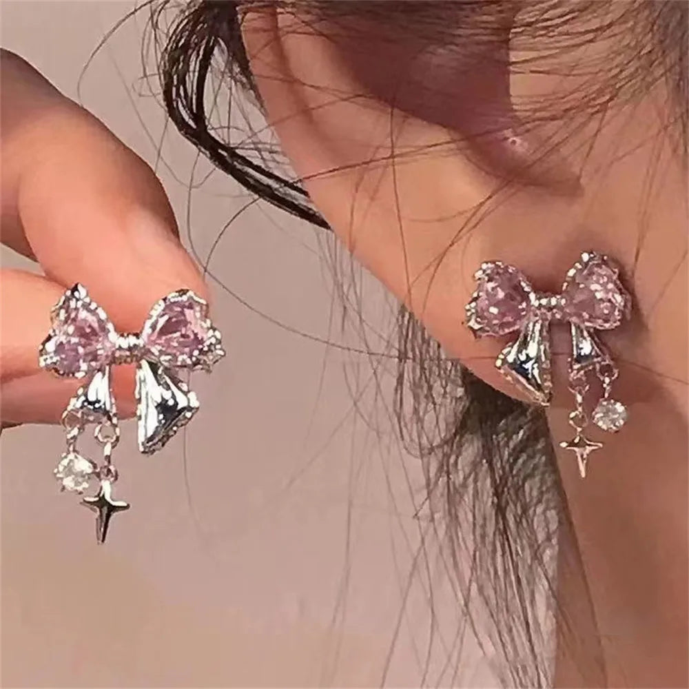 Shiny Crystal Butterfly Stud Earrings with Star Tassel Pendant