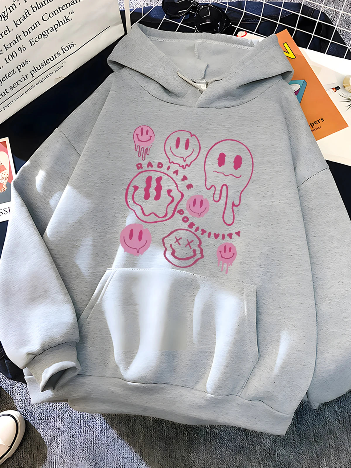 Cozy Smiley Face and Ghost Print Hoodie