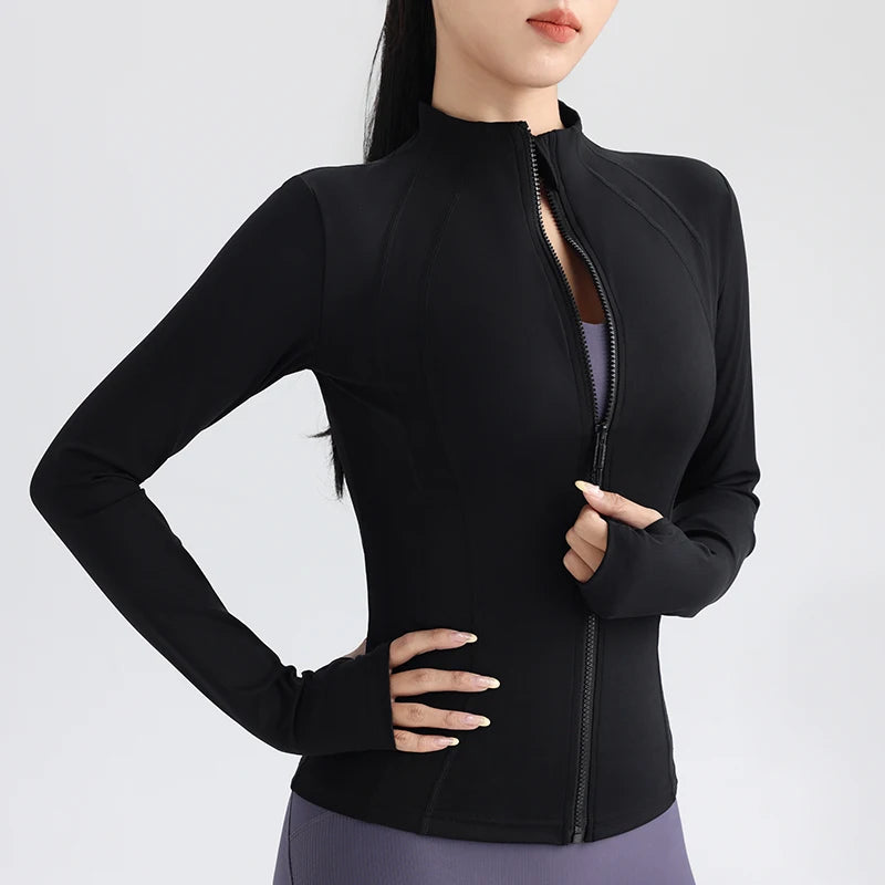 Women's Full Zip Yoga Top - Fitness Running Jacket with Thumbholes