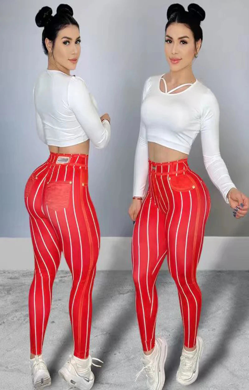 Women High Waist Sports Leggings Pin Stripe Print Stretchable Yoga Pants