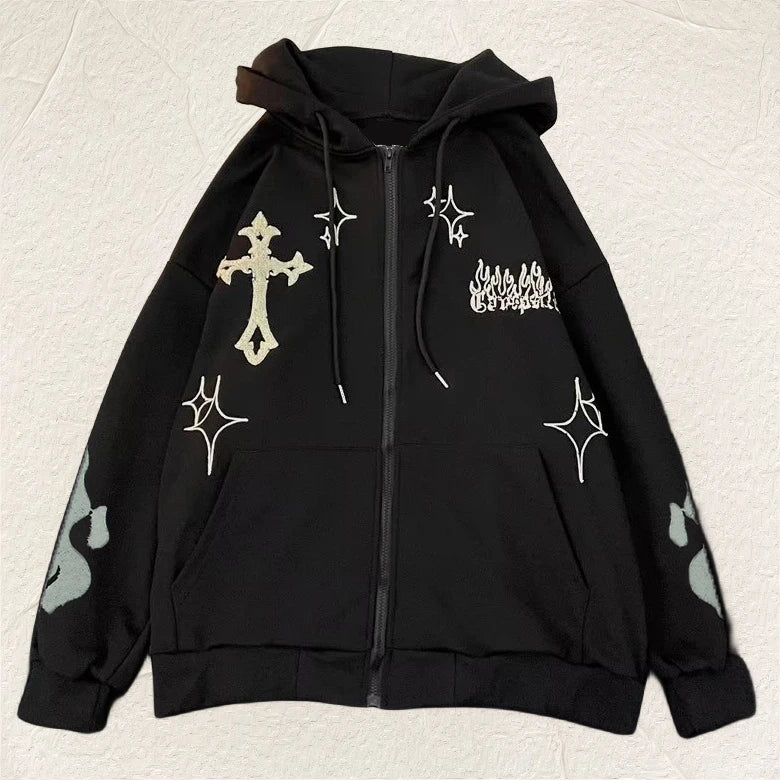 Hoodie Embroidered Cross Flame Print