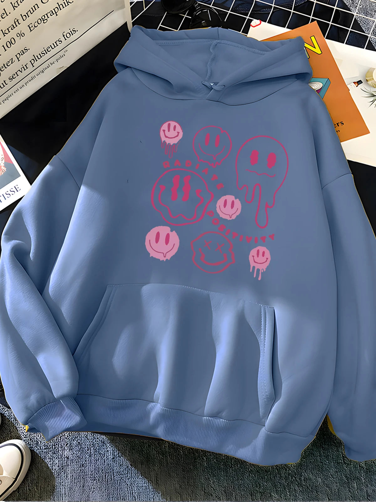 Cozy Smiley Face and Ghost Print Hoodie