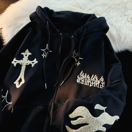 Hoodie Embroidered Cross Flame Print