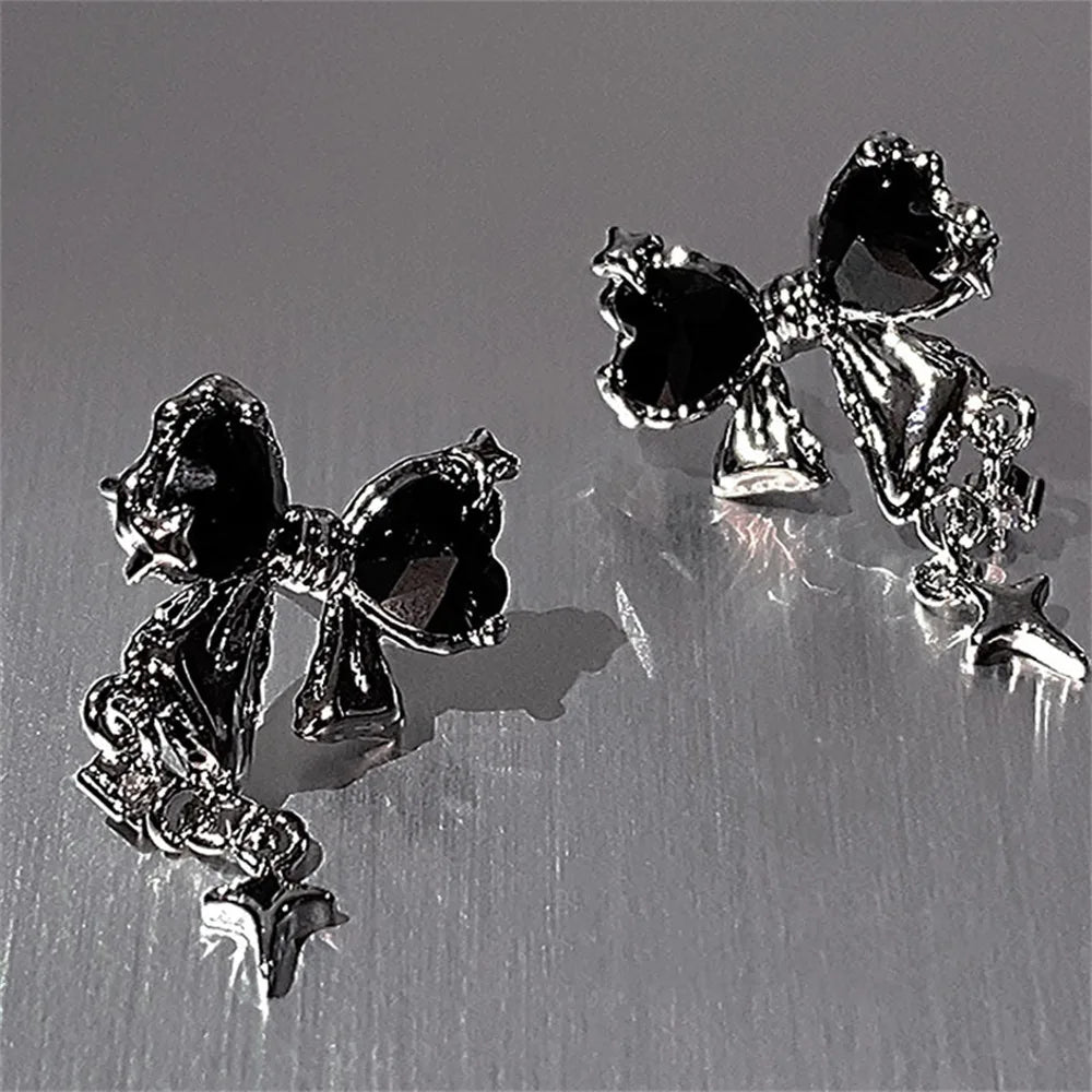 Shiny Crystal Butterfly Stud Earrings with Star Tassel Pendant