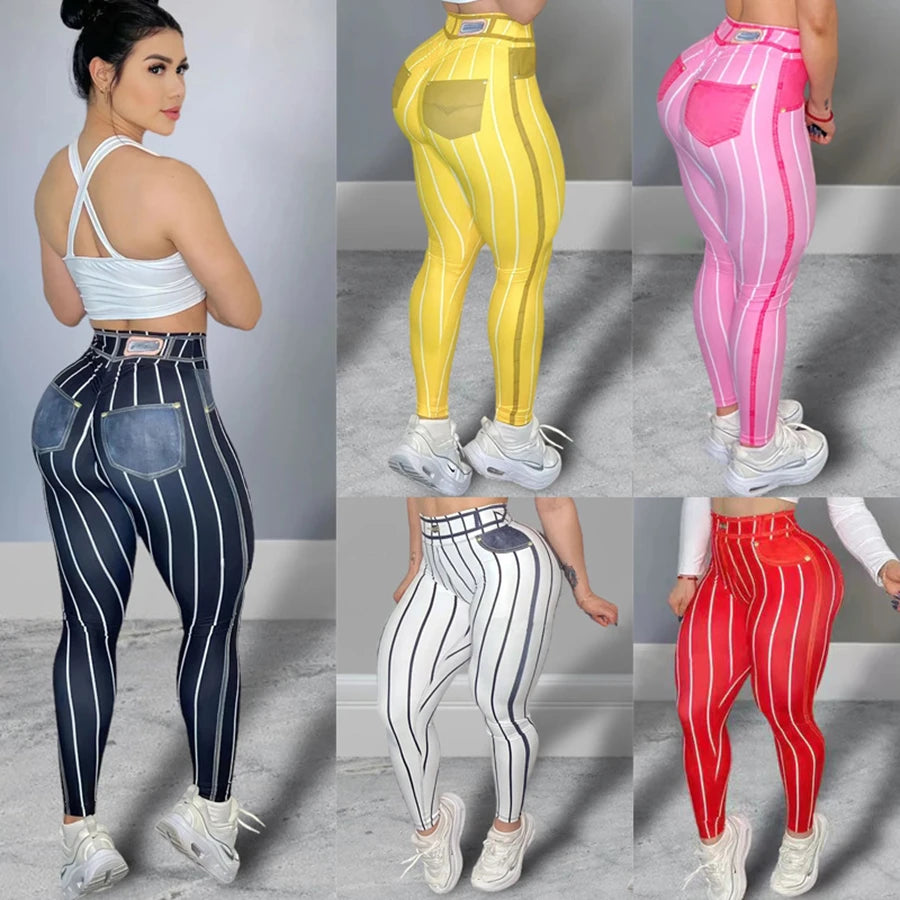 Women High Waist Sports Leggings Pin Stripe Print Stretchable Yoga Pants