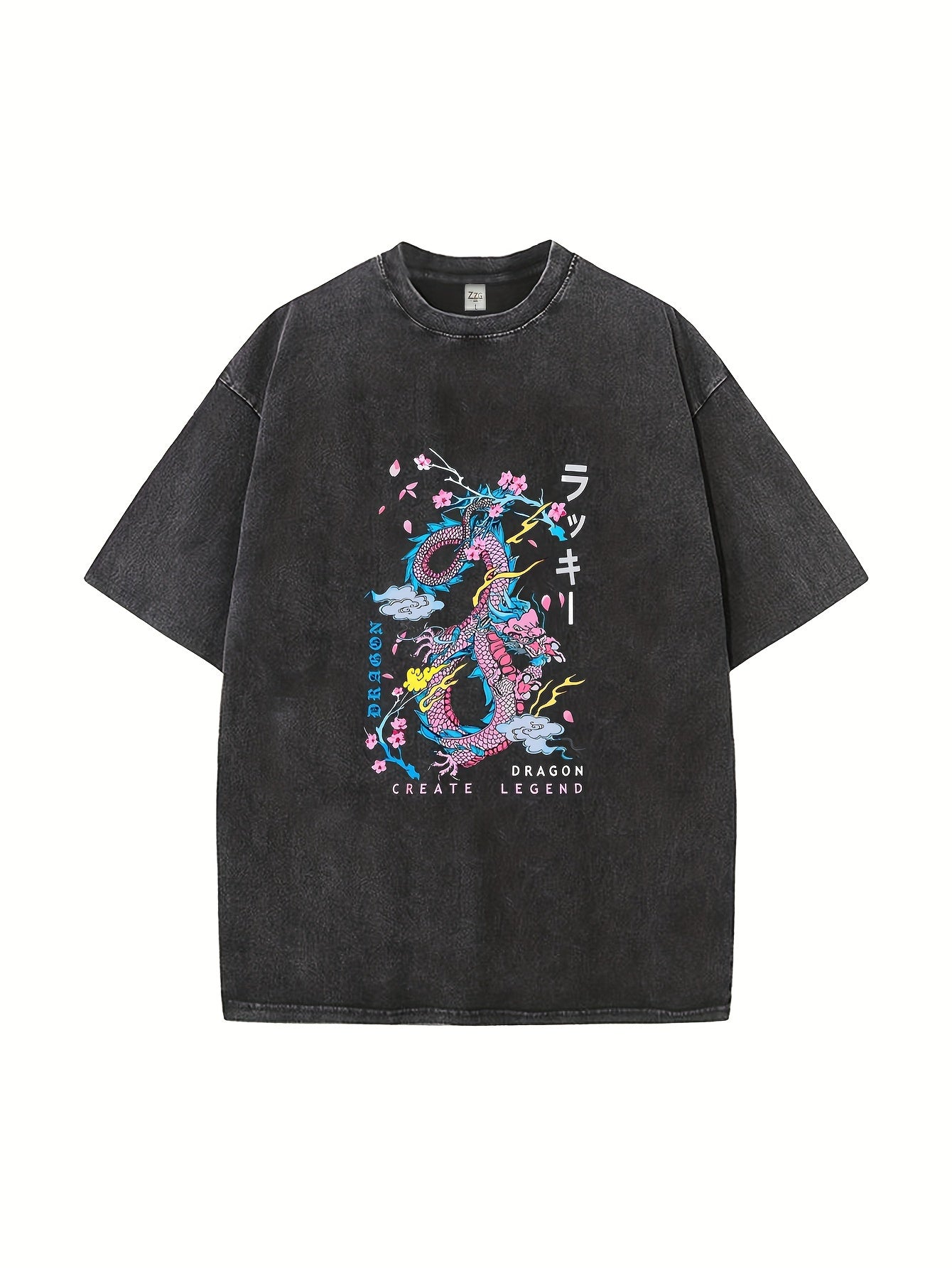 Dragon Distressed Print Crew Neck Cotton T-Shirt