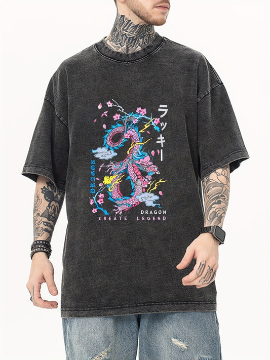 Dragon Distressed Print Crew Neck Cotton T-Shirt